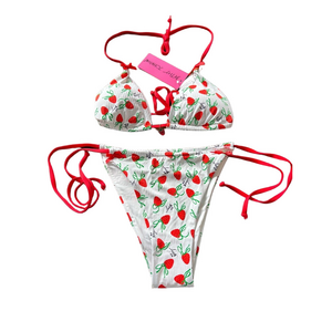Betsey Johnson Strawberry Bow Print Triangle Bikini Swimsuit S Beach Resort NEW